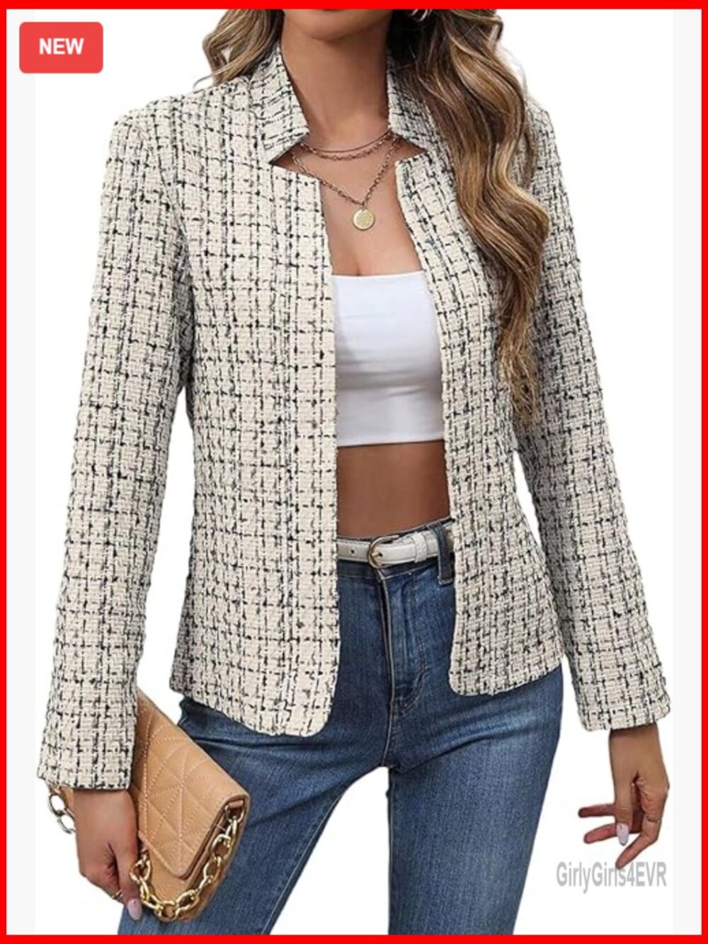 Tweed Blazer Long Sleeve Notched Collar Open Front Slim Fit Work Office